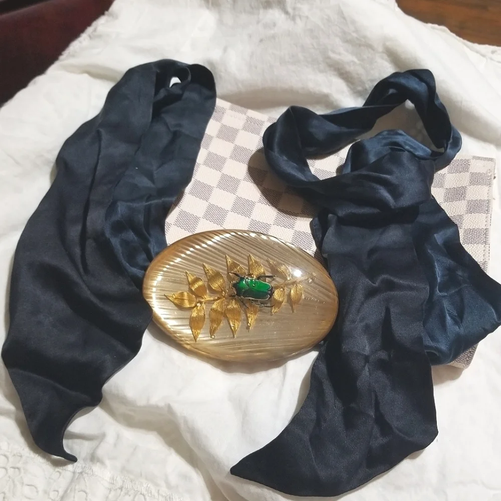 RARE Egyptian Revival Vintage Scarab in Lucite Silk Sash Belt